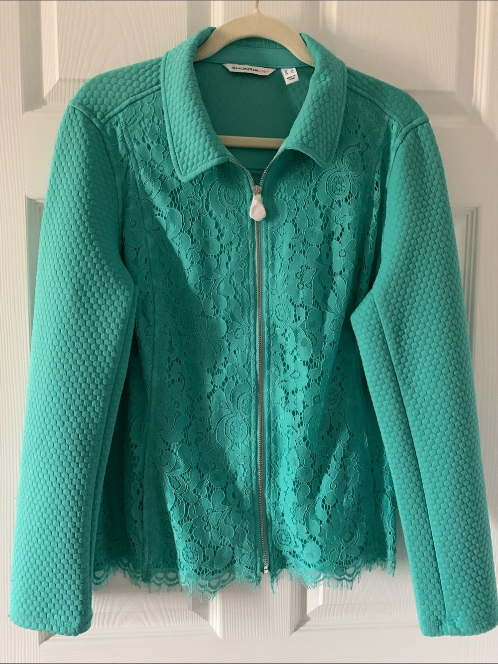Isaac Mizrahi Teal Lace-Front Zip Jacket